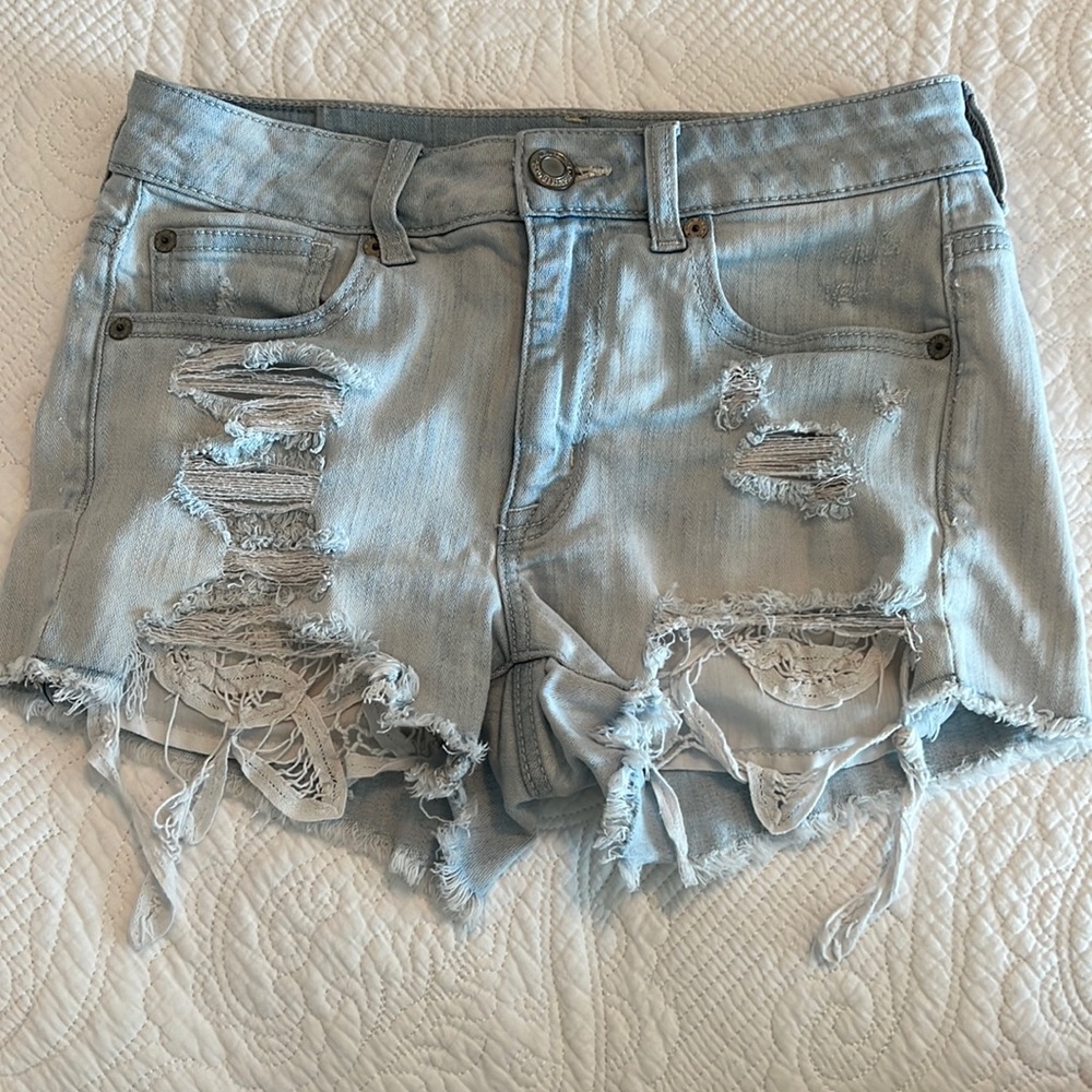 American Eagle light washed distressed super stretch high rise Shorty shorts